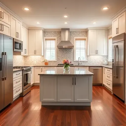 Modern kitchen remodel in Glen Arm MD with sleek white cabinets, granite island, and stylish appliances, creating an elegant ambiance.