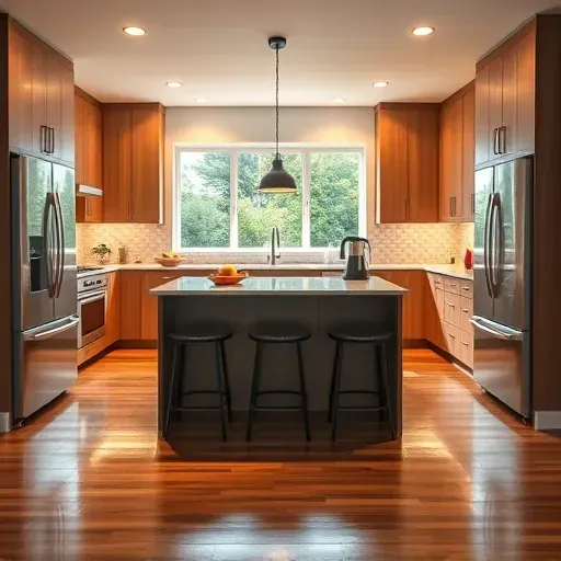Contemporary kitchen remodel in Derwood, MD with sleek appliances, warm cabinetry, quartz countertops, and natural light.