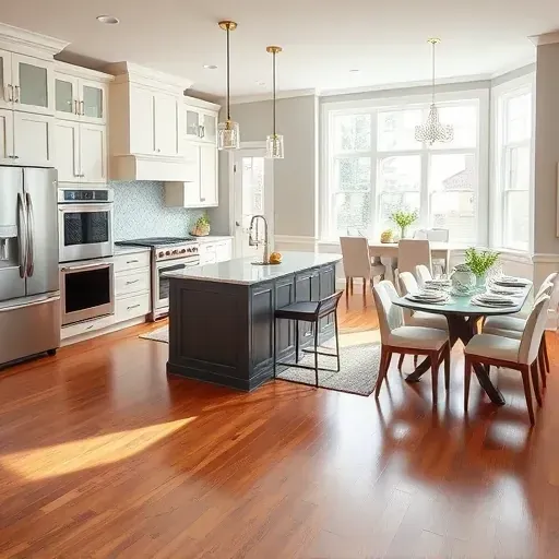 Modern kitchen remodel in Port Republic MD features high-end appliances, elegant cabinetry, and a spacious granite island.