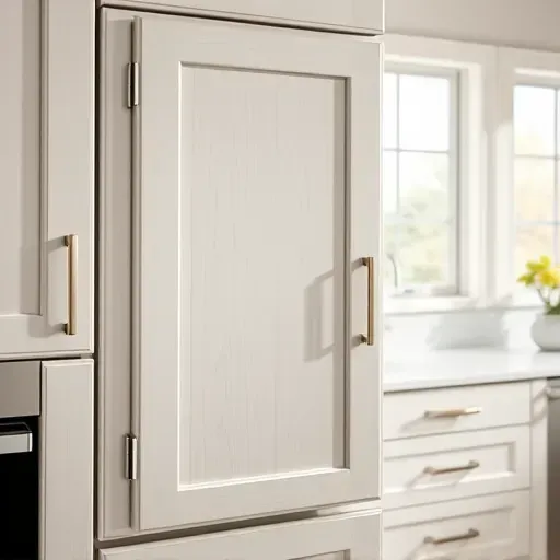 Close-up of a modern, polished cabinet door installed in a bright, clean kitchen or bathroom in Pasadena Maryland