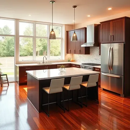 Modern kitchen remodel in Brandywine MD features dark wood cabinetry, quartz countertops, and stainless appliances.