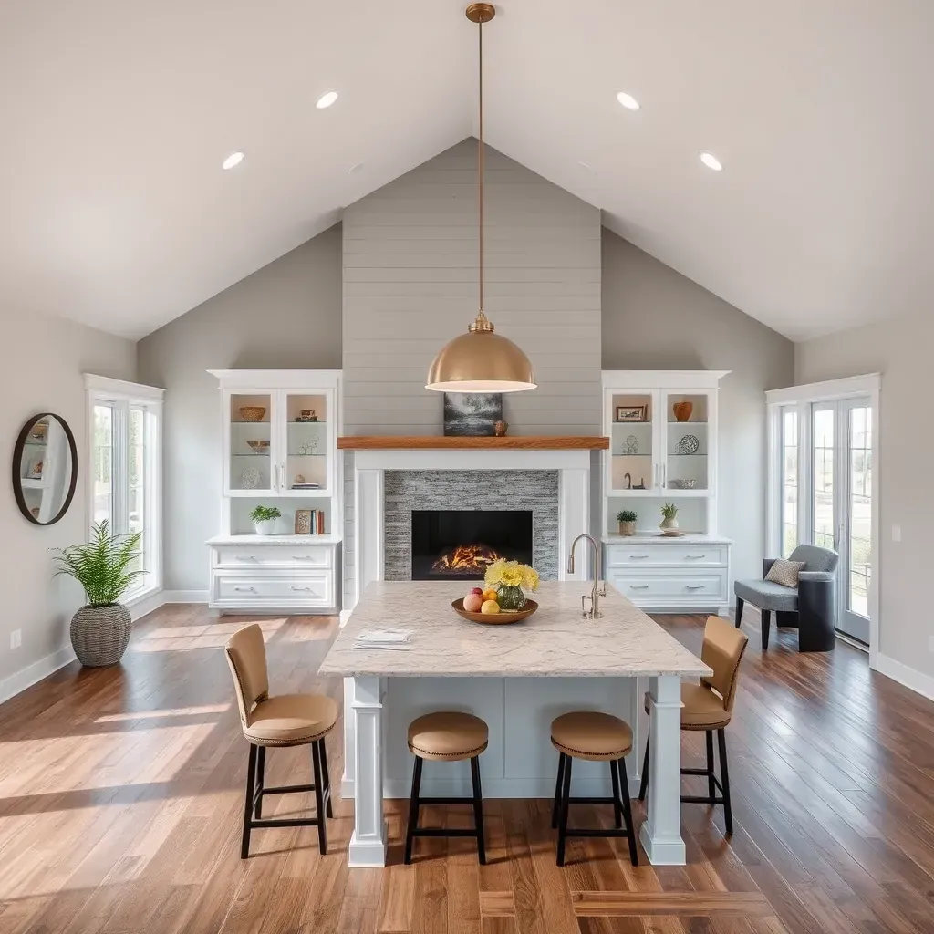 Modern Gibson Island kitchen with white-gray cabinets, quartz countertops, stainless steel appliances, and water views.