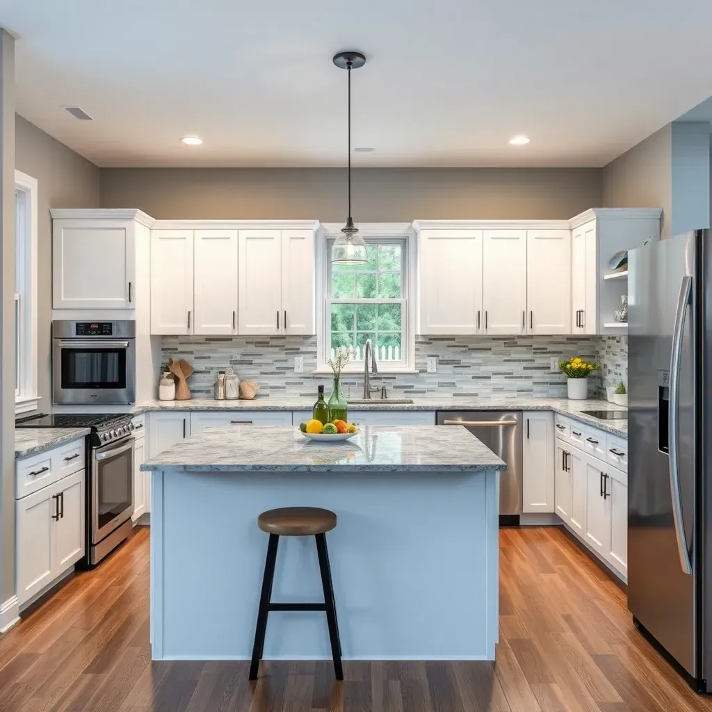 Modern wooden kitchen with stainless steel accents, quartz countertops, farmhouse sink, subway tiles, and hardwood flooring.