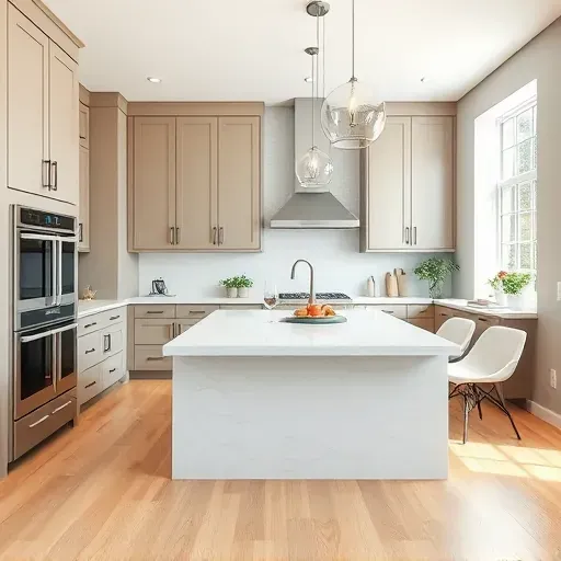 Renovated Hughesville Maryland kitchen with modern matte cabinetry stainless steel appliances quartz countertops marble island natural light warm wood flooring