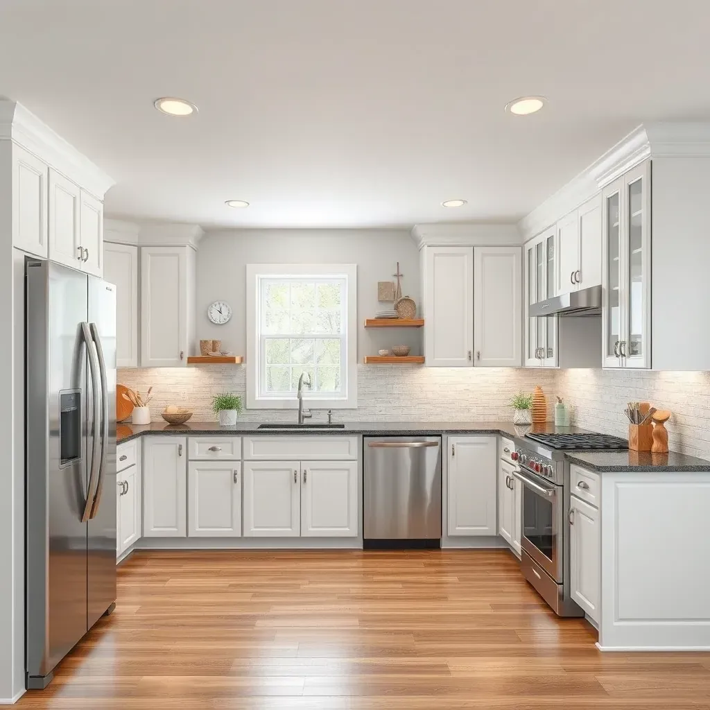 Modern kitchen with white quartz countertops, oak cabinets, stainless steel appliances, and large windows in Glenelel MD.