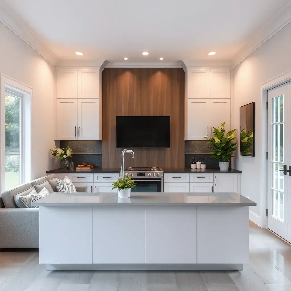 Modern renovated home interior in Gaithersburg, MD with bright windows, stainless steel kitchen, hardwood floors, and backyard patio.