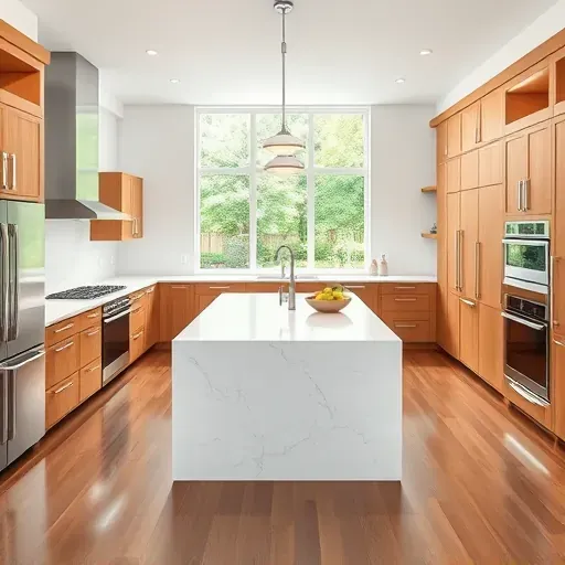 Modern remodeled kitchen in Hanover MD with quartz countertops stainless steel appliances custom wood cabinets large island natural light hardwood floors and sleek design