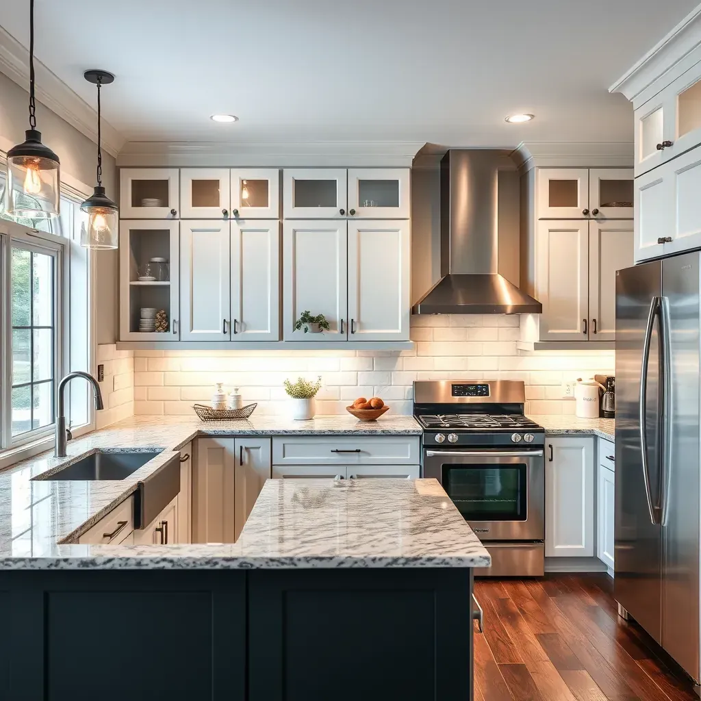 Modern Middletown, MD kitchen with white cabinets, black hardware, quartz counters, island, stainless appliances, subway backsplash.