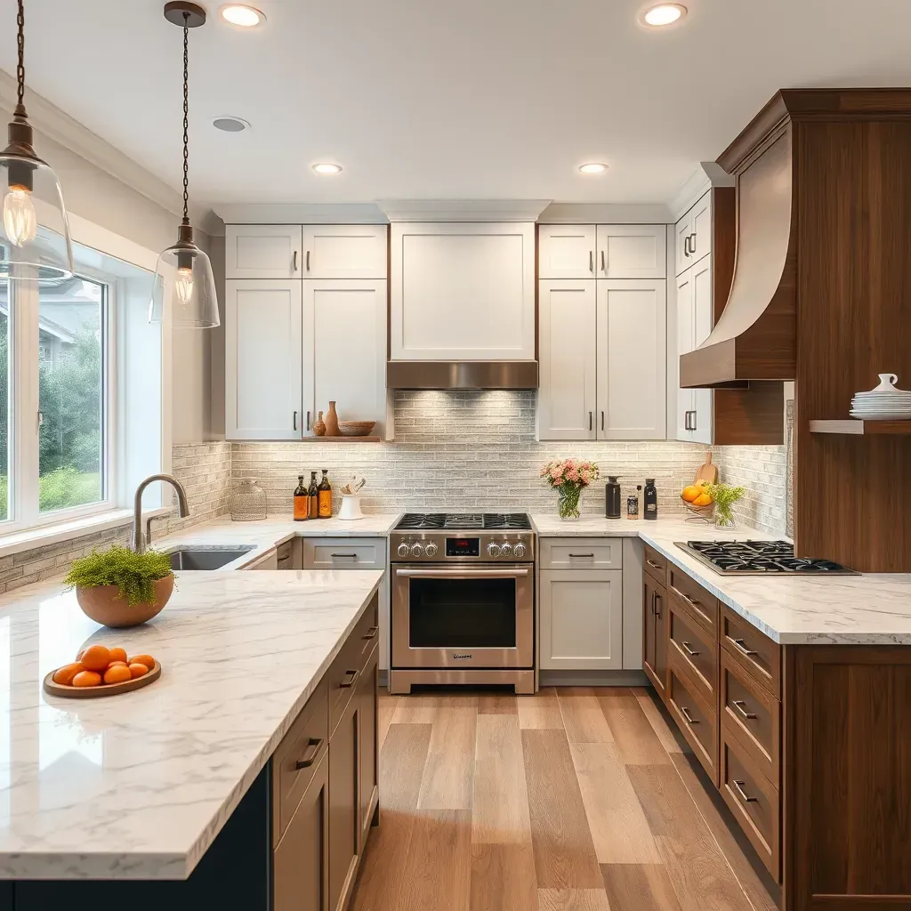 Modern Clarksville, MD kitchen with white and dark wood cabinets, quartz countertops, island with seating, stainless steel appliances.