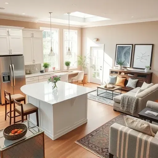 Modern kitchen and living area in Hughesville MD featuring sleek appliances, quartz countertops, and stylish decor.