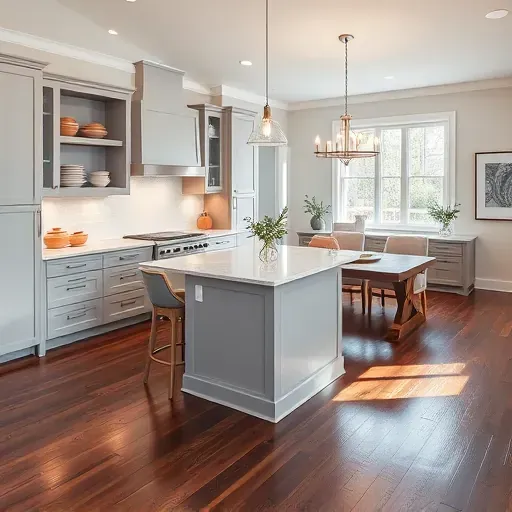 Modern kitchen remodel in Rockville MD features sleek gray cabinetry, polished quartz countertops, and hardwood flooring.