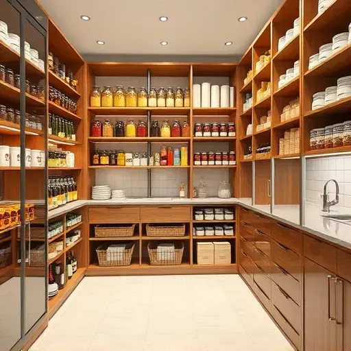 Organized Pasadena pantry with modern shelves, labeled jars, wooden and metal cabinetry, bright warm lighting, and tidy storage.