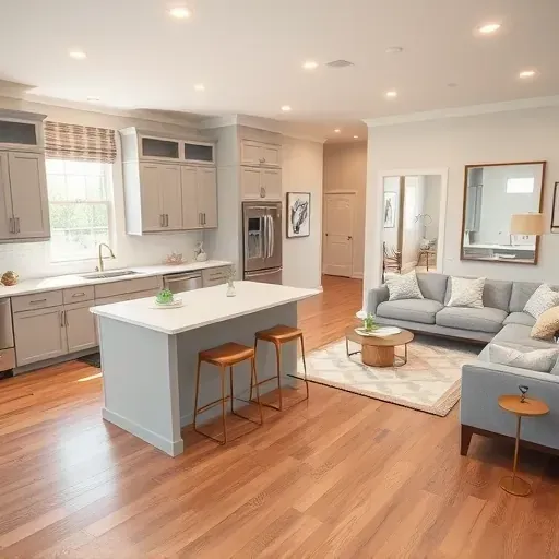 Remodeled open-concept living space in Highland MD with hardwood floors, gray cabinetry, quartz counters, and cozy decor.