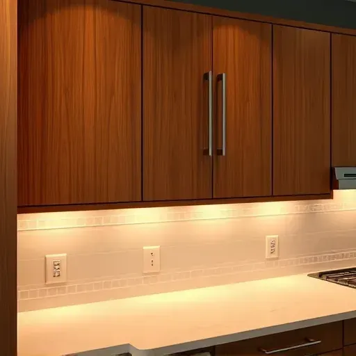 Modern Pasadena kitchen featuring sleek oak cabinets with warm LED under-cabinet lighting and polished stone countertops