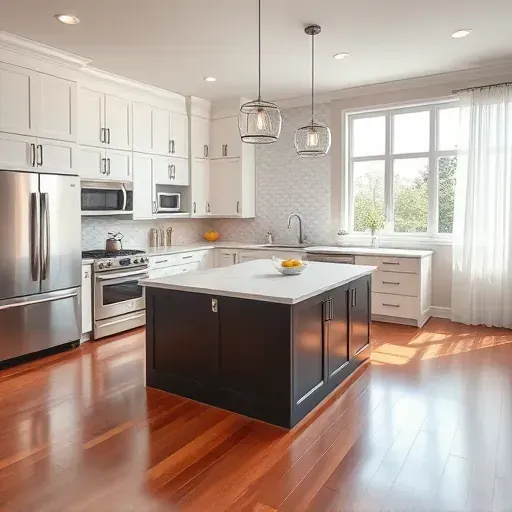 Remodeled Bowie MD kitchen with quartz countertops stainless steel appliances custom cabinets marble island and hardwood floors