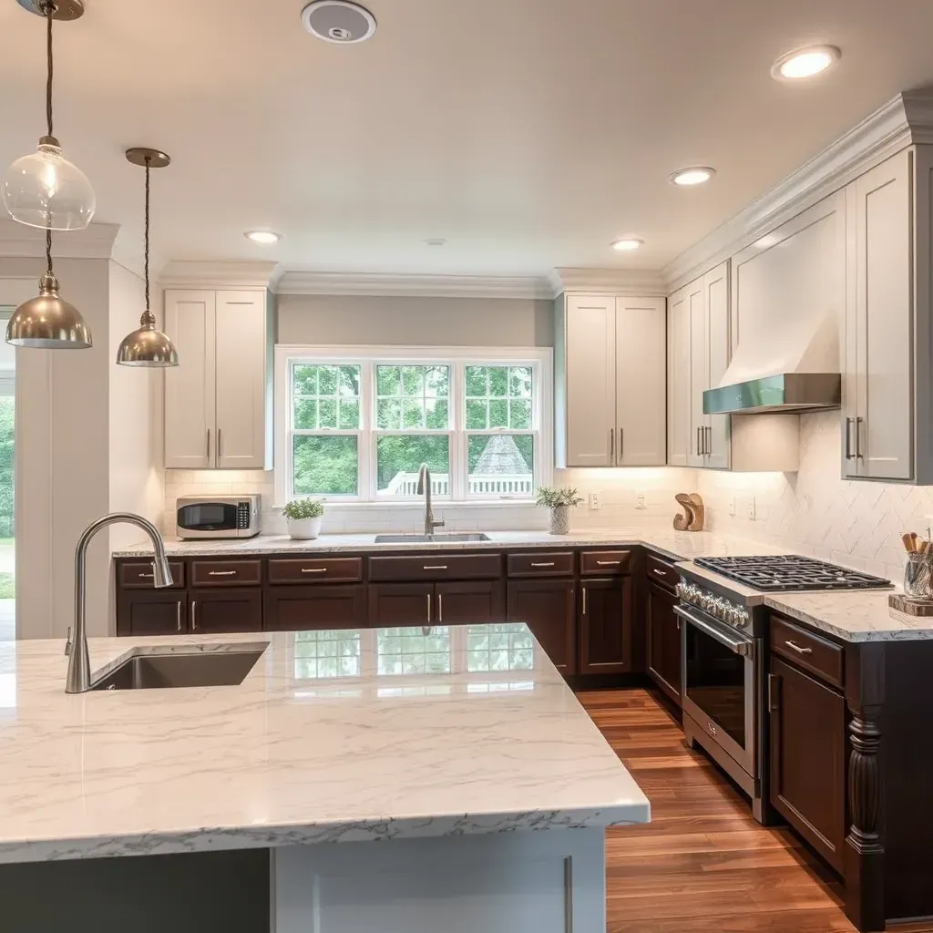 Modern Fallston, MD kitchen with sleek white and wood cabinets, quartz countertops, stainless appliances, and hardwood floors.