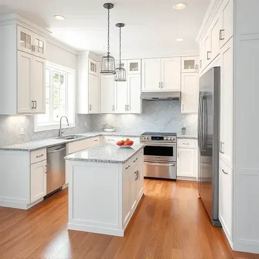 Modern white kitchen with granite countertops, marble island, stainless steel appliances, hardwood floors and natural light