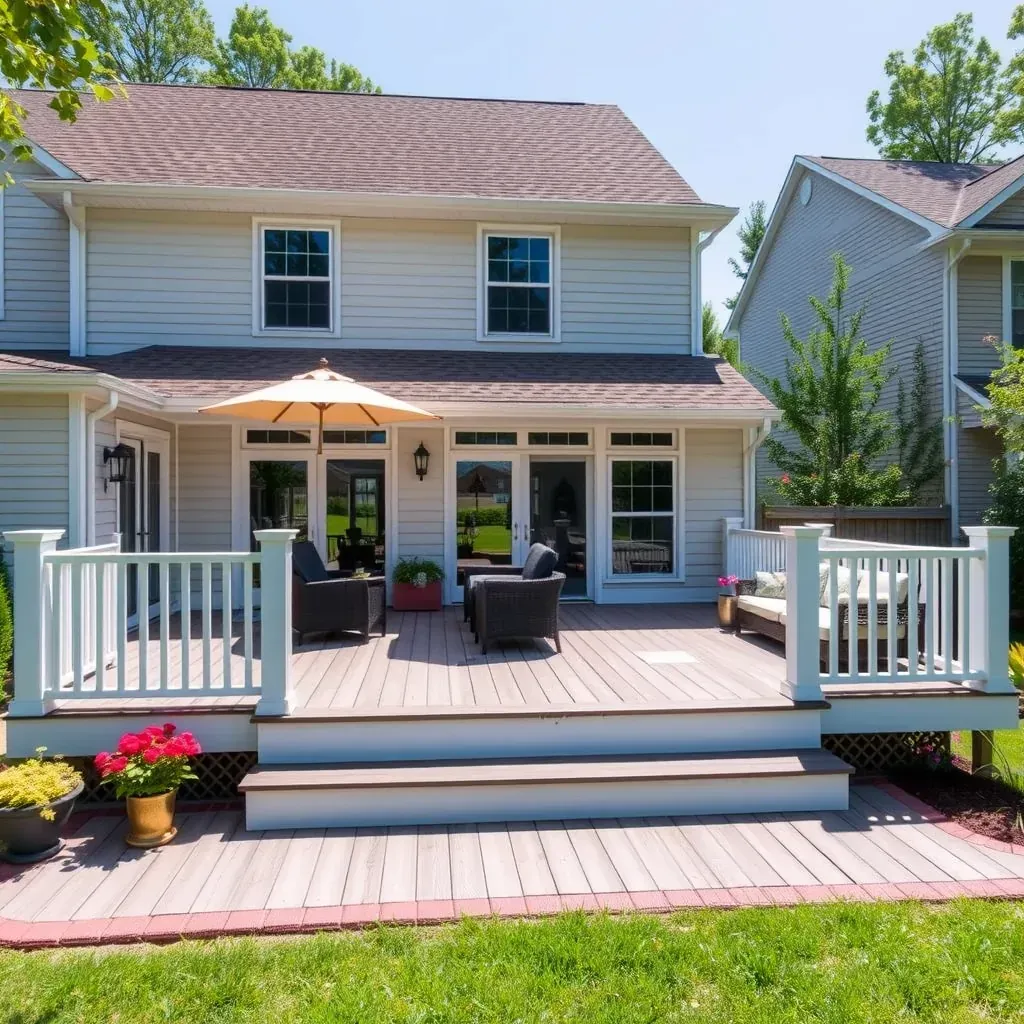 Detailed scene of a deck builder's workshop in Pasadena, MD, showcasing tools, wooden materials, and suburban surroundings.