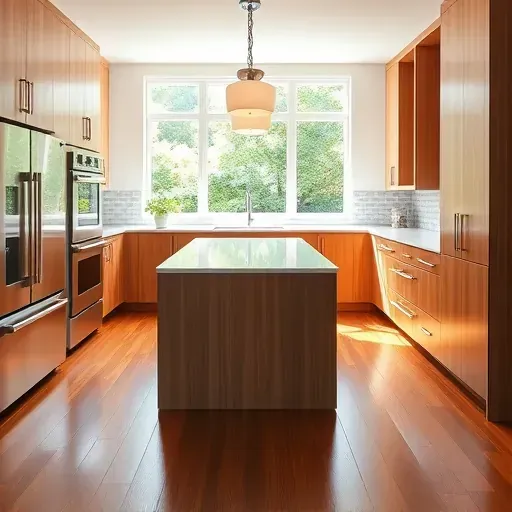 Recently remodeled modern kitchen in Pasadena MD with wood cabinets marble countertops stainless steel appliances large windows and hardwood floors