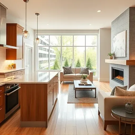 Inviting modern kitchen and living space in Mount Airy MD with quartz countertops, elegant cabinetry, and stylish decor.