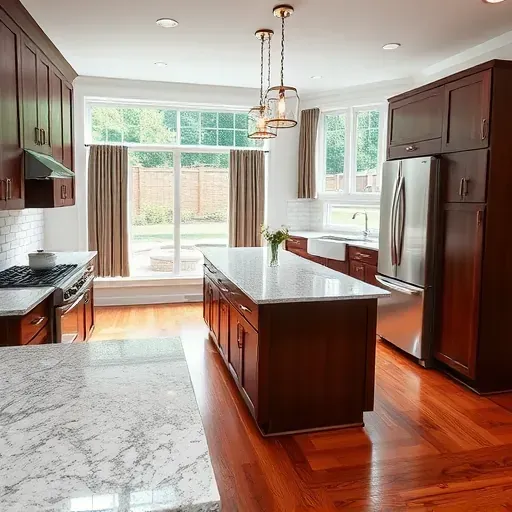Recently remodeled Woodbine MD kitchen with granite countertops, hardwood floors, stainless steel appliances, dark wood cabinets, quartz island, and natural light