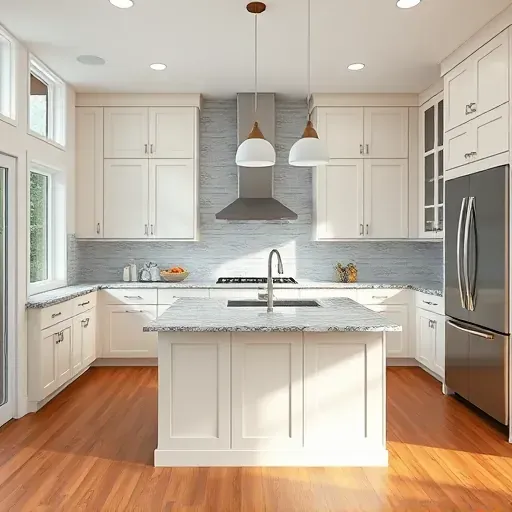 Pasadena MD kitchen with sleek cabinetry, granite island, pendant lighting, hardwood floors, large windows, modern appliances