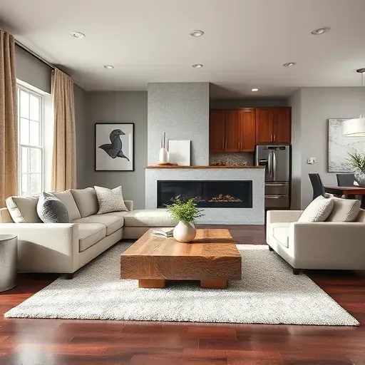 Modern living room in Hanover MD featuring plush sectional, reclaimed wood coffee table, and stylish minimalist fireplace.