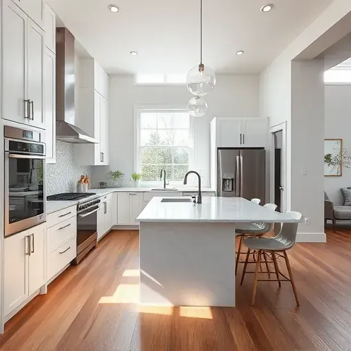 Recently renovated modern kitchen in Huntingtown MD featuring sleek white and gray cabinets, stainless steel appliances, quartz island, hardwood floors, and contemporary lighting