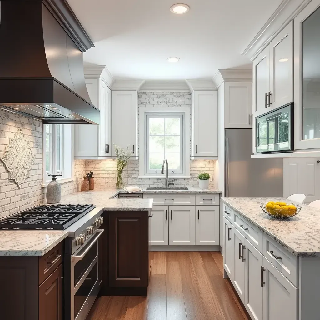 Spacious modern kitchen in Rockville, MD with navy cabinets, stainless steel appliances, quartz island, subway backsplash, and natural light.