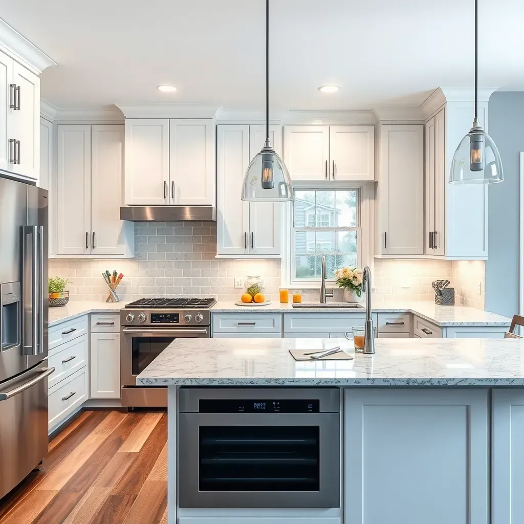 Modern West Friendship MD kitchen with granite counters, custom warm wood cabinets, stainless appliances, and hardwood floors.