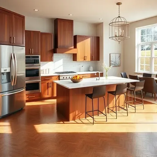 Modern kitchen remodel in Ijamsville MD features walnut cabinetry, quartz countertop, and open layout with dining area.