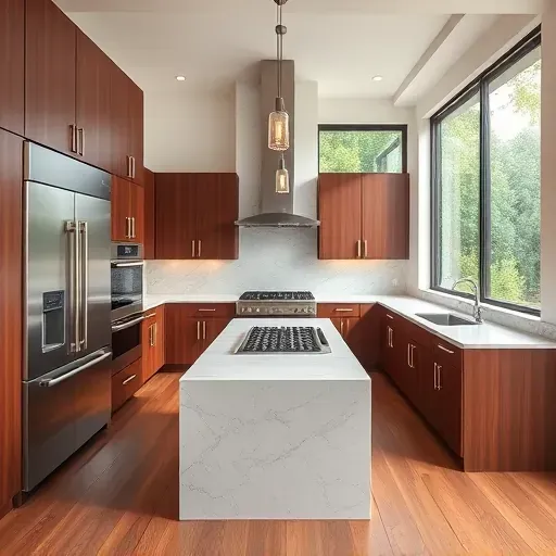 Modern kitchen remodel in Port Republic MD features sleek cabinetry, quartz countertops, and stainless steel appliances.