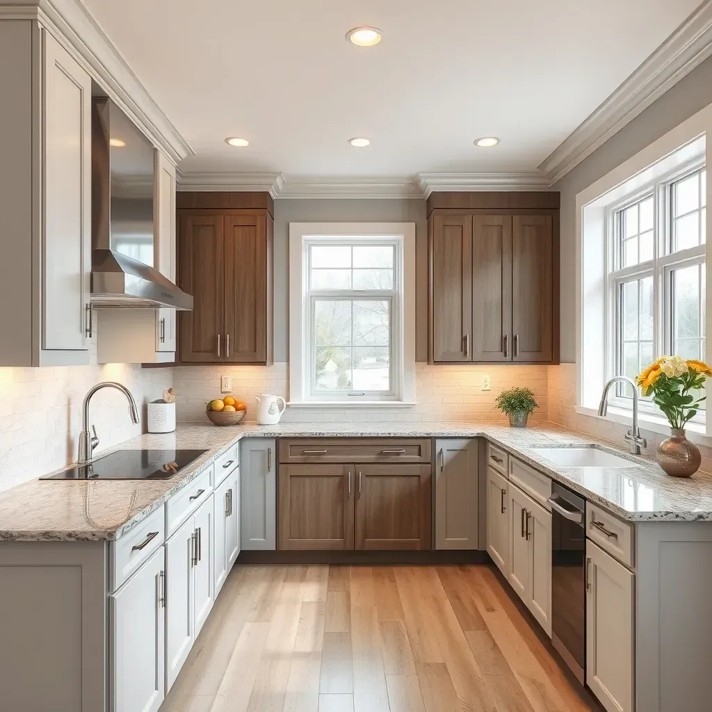 Modern kitchen in Clarksburg, MD with gray cabinetry, quartz countertops, stainless appliances, and bright, inviting atmosphere.