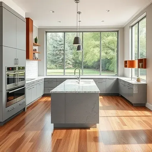 Modern kitchen in Marriottsville MD with gray cabinets, wood accents, granite counters, stainless appliances, hardwood floors, large windows