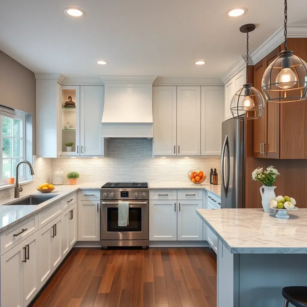 Modern kitchen in Gaithersburg, MD with sleek cabinets, quartz countertops, modern appliances, and bright scenic views.