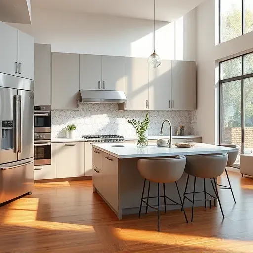 Renovated Bethesda MD kitchen with matte modern cabinets, quartz countertops, stainless steel appliances, hardwood floors, and natural light