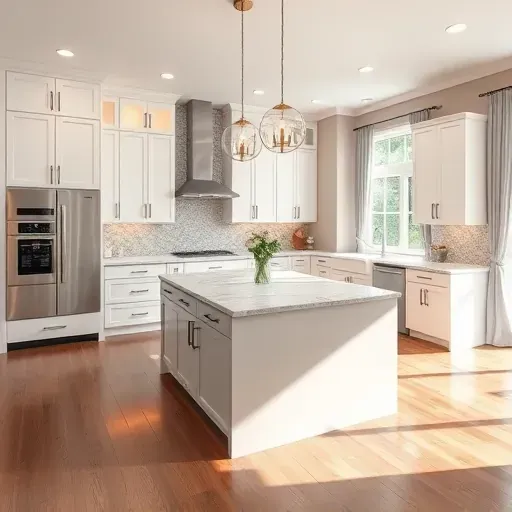 Beautiful renovated white Marsh kitchen with modern matte white cabinets stainless steel appliances marble island hardwood floors bright natural light