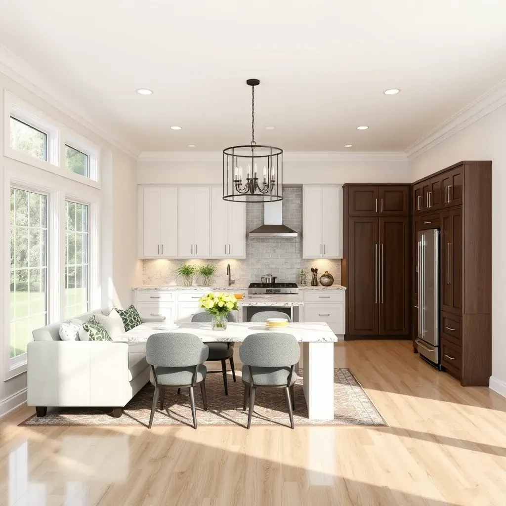Modern Glenel, MD kitchen with neutral cabinets, quartz countertops, stainless steel appliances, and bright natural light.