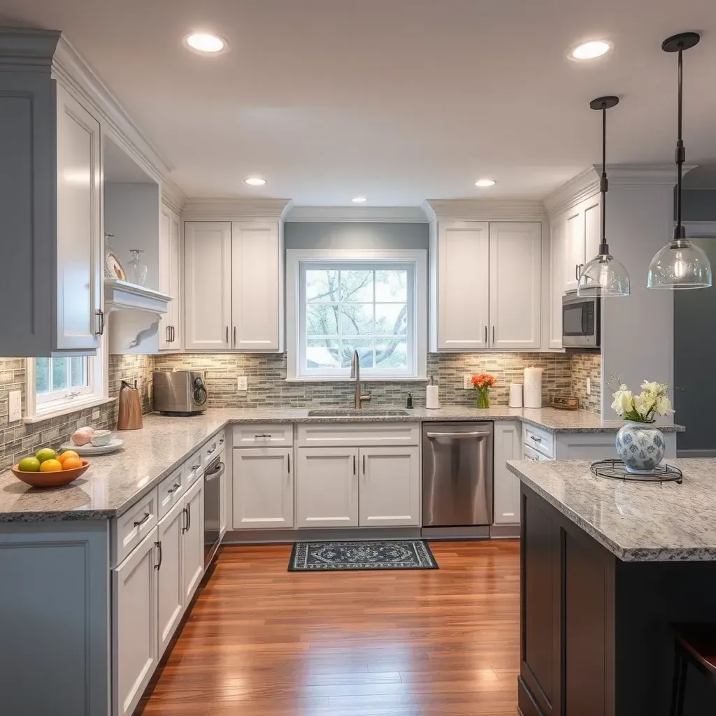 Modern Woodbine, MD kitchen with quartz countertops, warm wood cabinets, island, stainless appliances, and natural light.