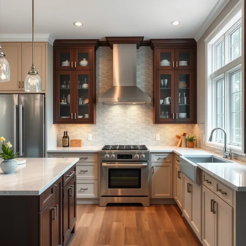 Modern Glen Arm, MD kitchen with natural wood cabinets, quartz countertops, stainless appliances, and hardwood flooring.
