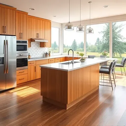 Remodeled Middletown Maryland kitchen with warm wood cabinets stainless steel appliances quartz island subway tile backsplash hardwood flooring and large windows