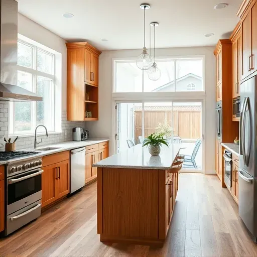 Renovated Ijamsville kitchen with granite countertops stainless steel appliances custom wood cabinets island pendant lighting and open dining view