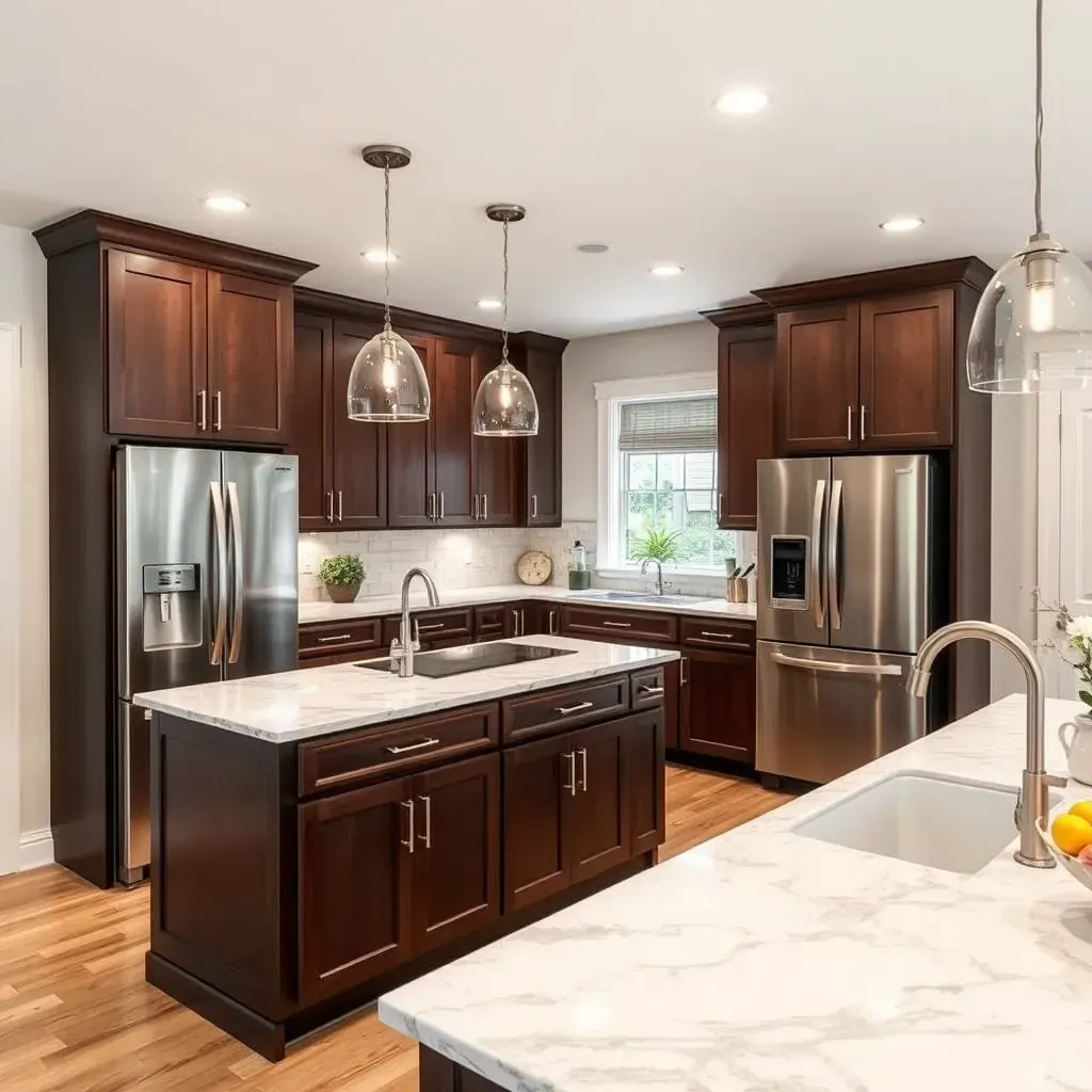 Modern kitchen in New Market, MD with quartz countertops, white shaker cabinets, stainless steel appliances, hardwood floors.