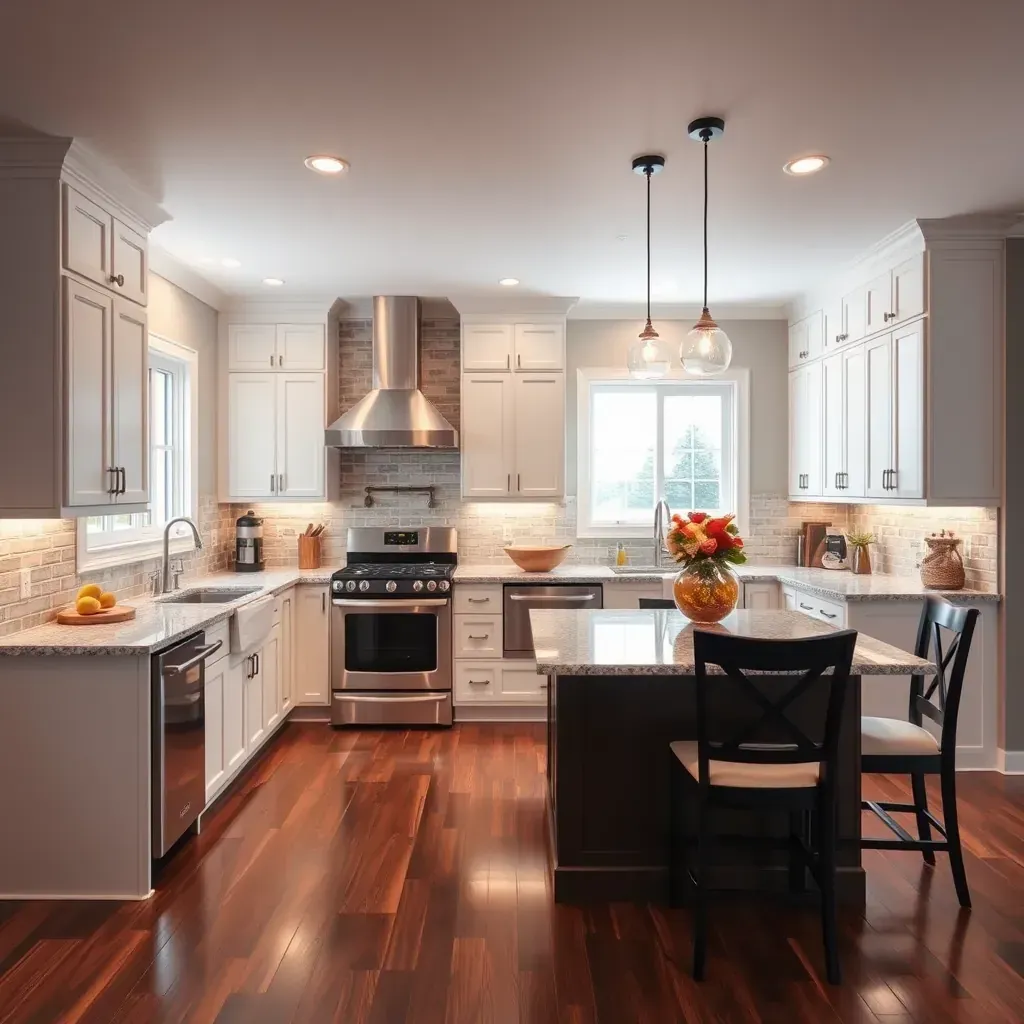 Modern Hughesville, MD kitchen with white quartz countertops, dark mahogany cabinets, stainless steel appliances, and hardwood flooring.