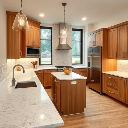 Recently remodeled kitchen in Fallston MD featuring granite countertops, stainless steel appliances, and natural wood finishes.