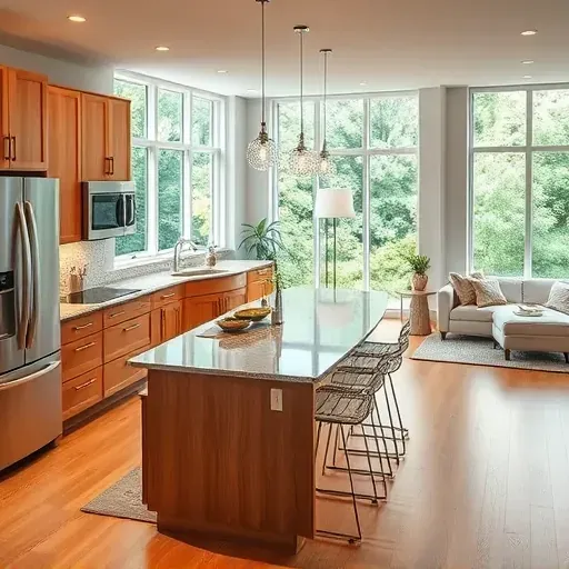 Luxury kitchen remodel in Marriottsville MD featuring warm wood cabinets, stainless appliances, and spacious island seating.