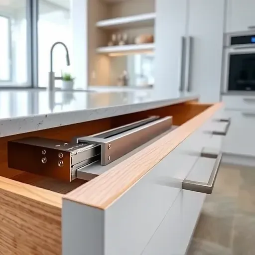 Close-up of high-quality soft close drawer slides installed in a modern Pasadena kitchen with sleek cabinetry and granite countertops