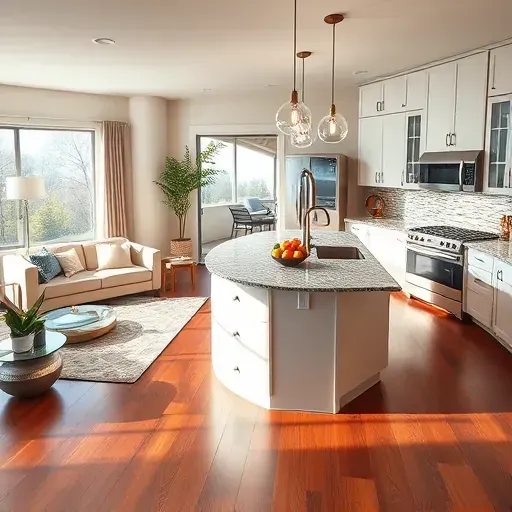 Modern Dayton kitchen remodel with sleek cabinets, granite island, cozy living area, and vibrant accents.