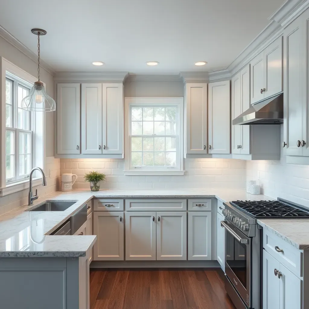 Modern kitchen in Accokeek, MD with stainless appliances, quartz counters, white cabinets, hardwood floors, and sleek design.
