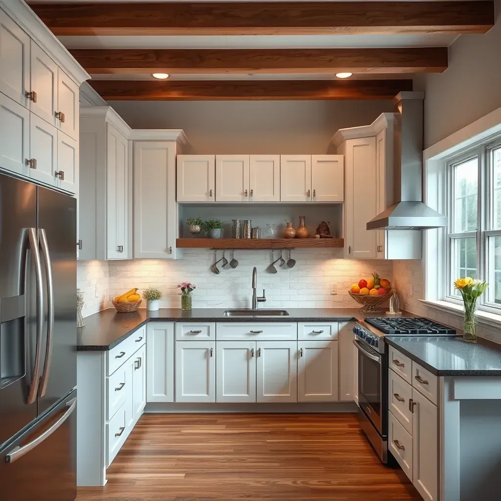 Spacious modern kitchen in Millersville, MD with navy blue cabinets, quartz countertops, stainless appliances, and oak floors.